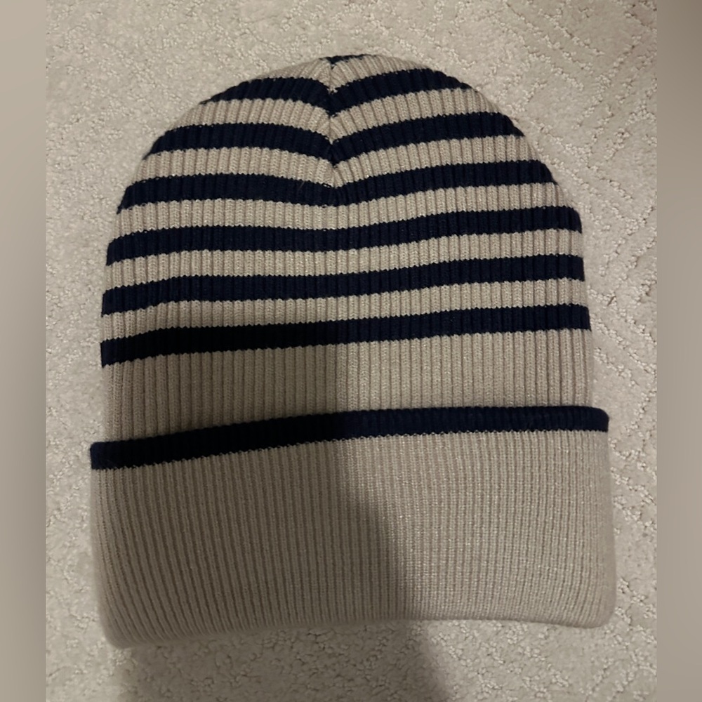 Striped Navy and tan beanie